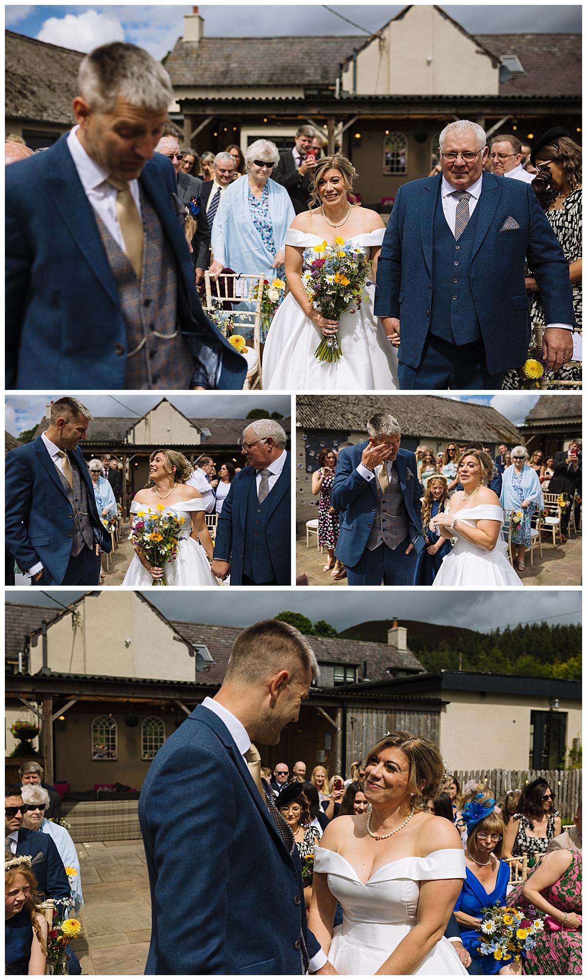 A couple exchanges loving glances during their outdoor wedding ceremony, surrounded by smiling guests and rustic decor.