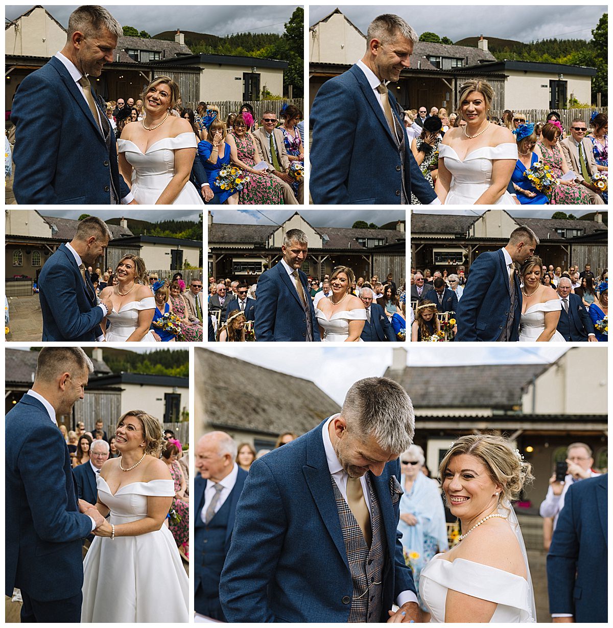 A collage of a couple exchanging vows during their outdoor wedding at The Grousemoor, showing emotional expressions and a joyful atmosphere amidst their guests.