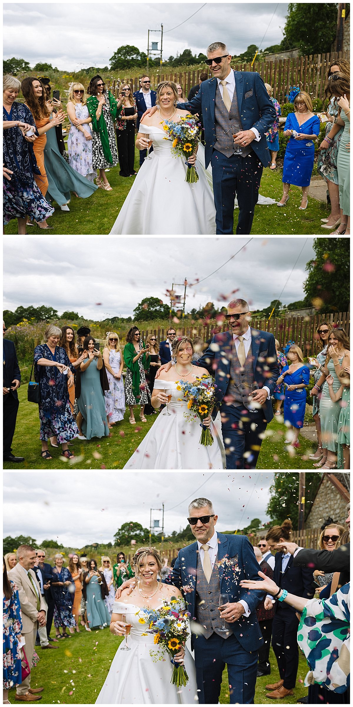 A joyful couple walks down the aisle surrounded by friends and family, showered with confetti during their wedding reception.