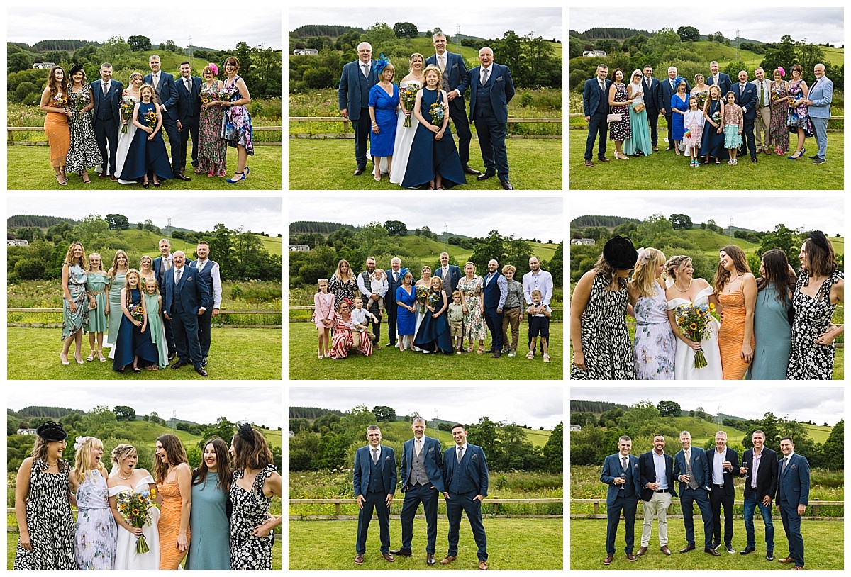 A collage of joyful groups and couples at a wedding, showcasing family and friends posing in a scenic outdoor setting.