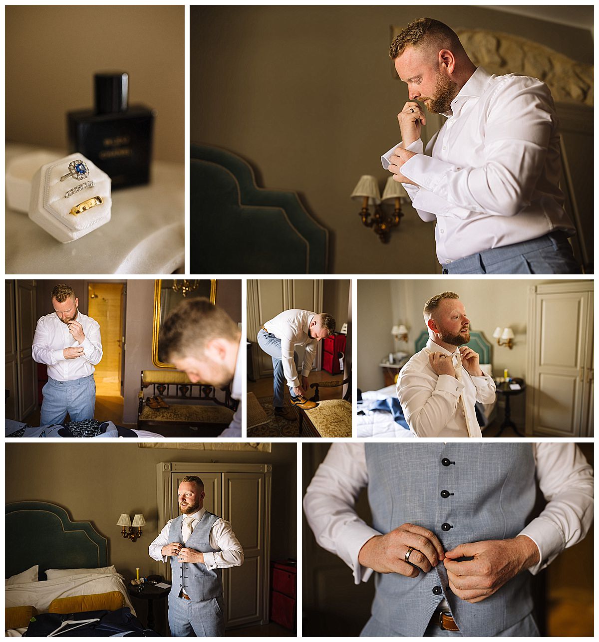 A collage of images featuring a groom getting ready in Malta ahead of his destination wedding, including adjusting his cufflinks, tying his tie, and putting on a waistcoat, with wedding rings and cologne in the background.