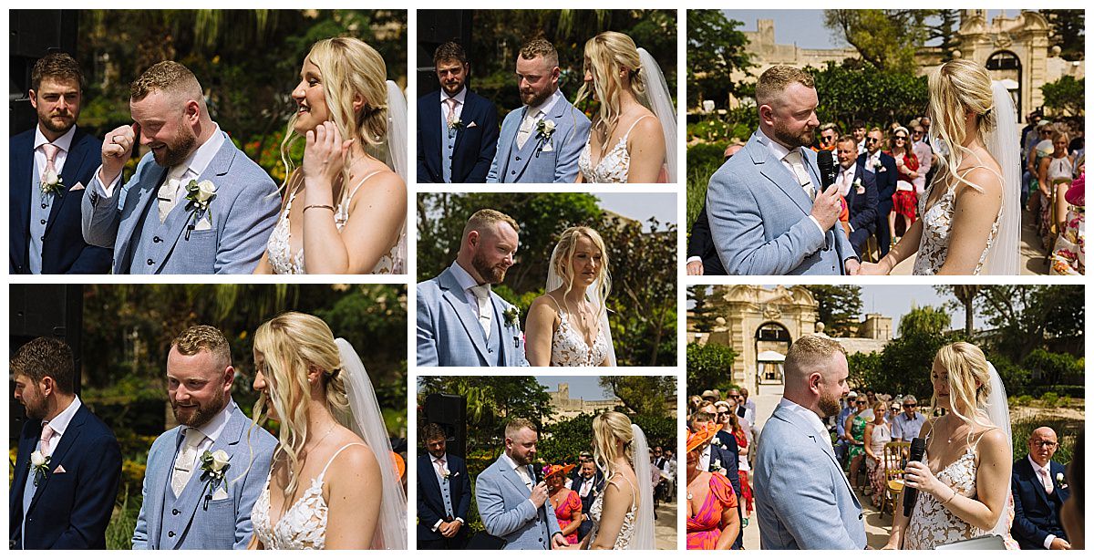 Emotional exchange during an outdoor wedding ceremony with guests in attendance.