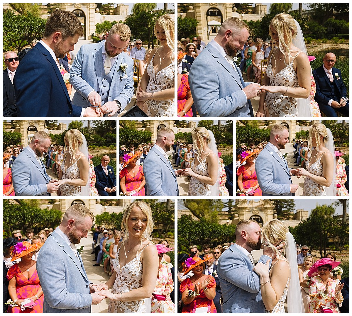 A collection of images capturing a couple exchanging rings and vows during their wedding ceremony in the gardens of Palazzo Parisio, with guests celebrating in the background.
