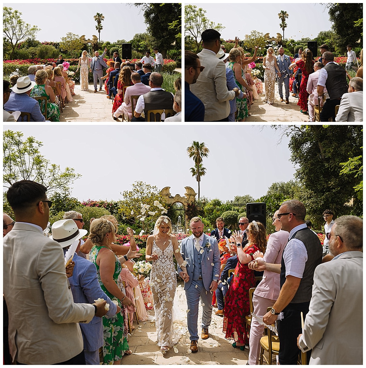 A joyful couple walks down the aisle at their outdoor wedding, surrounded by vibrant flowers and happy guests.