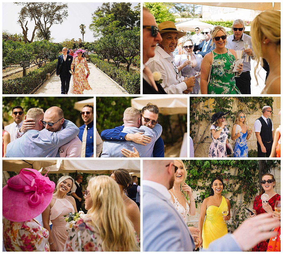 Guests enjoying a lively outdoor gathering, filled with hugs, laughter, and vibrant attire amidst lush greenery in Malta at Palazzo Parisio
