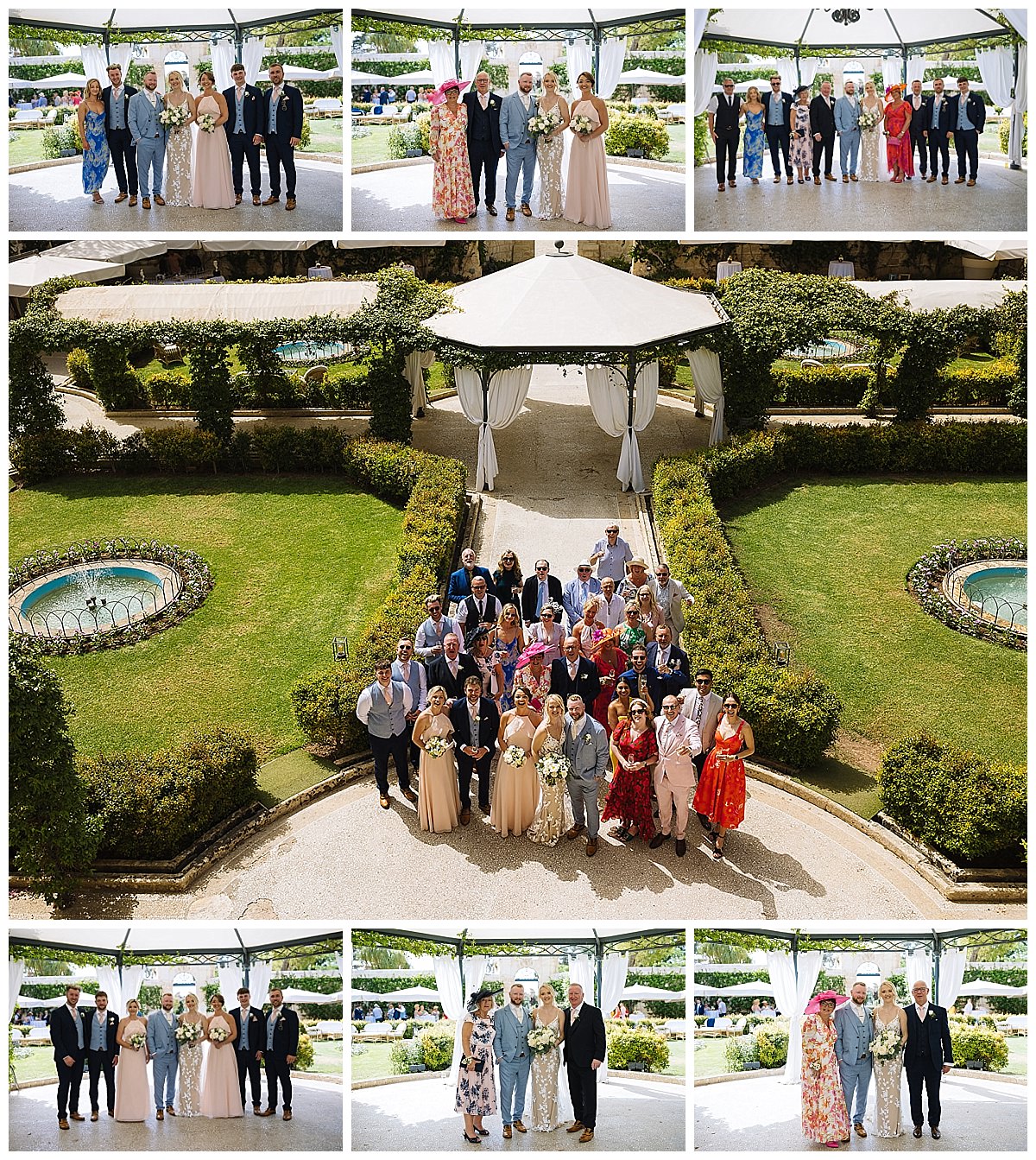 A collection of joyful group photos taken during a wedding at Palazzo Parisio in Malta, showcasing guests in elegant attire amidst a beautifully landscaped garden setting at Palazzo Parisio in Malta