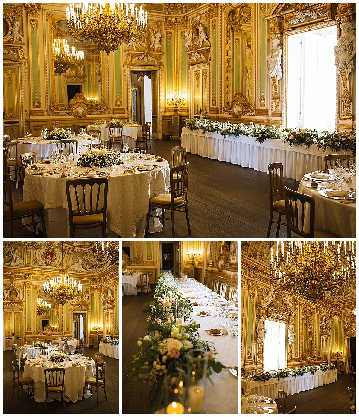 Luxurious banquet hall of Palazzo Parisio featuring ornate decor, elegantly set tables, and floral centerpieces, ideal for upscale events.