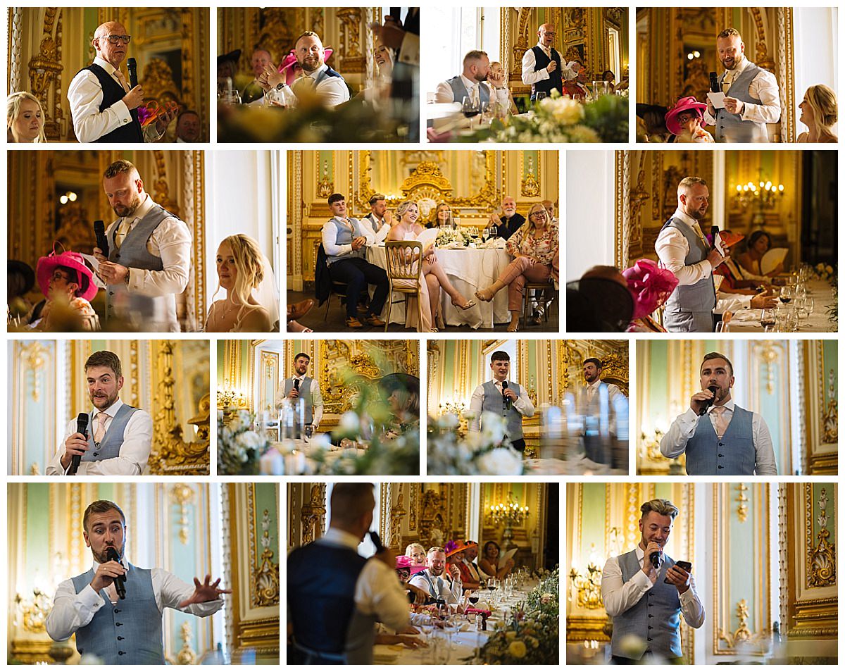 Collage of a wedding reception featuring multiple speakers giving toasts in a lavishly decorated venue in Malta, with guests enjoying the event.