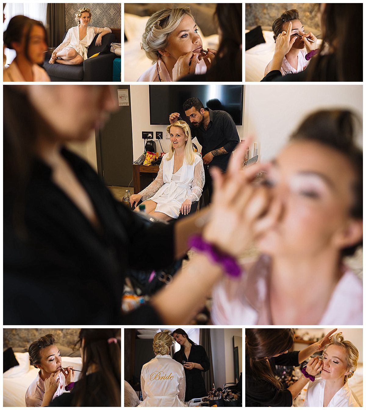 A bride getting her makeup done, surrounded by stylists, in a cozy room filled with natural light in Malta