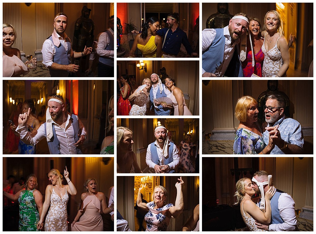 A vibrant collage of guests enjoying a lively party atmosphere, showcasing dancing, laughter, and memorable moments in a beautifully lit venue.