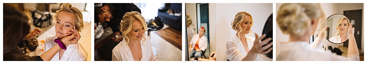 A bride getting her makeup applied while admiring herself in the mirror, capturing moments of beauty and anticipation ahead of her maltese wedding