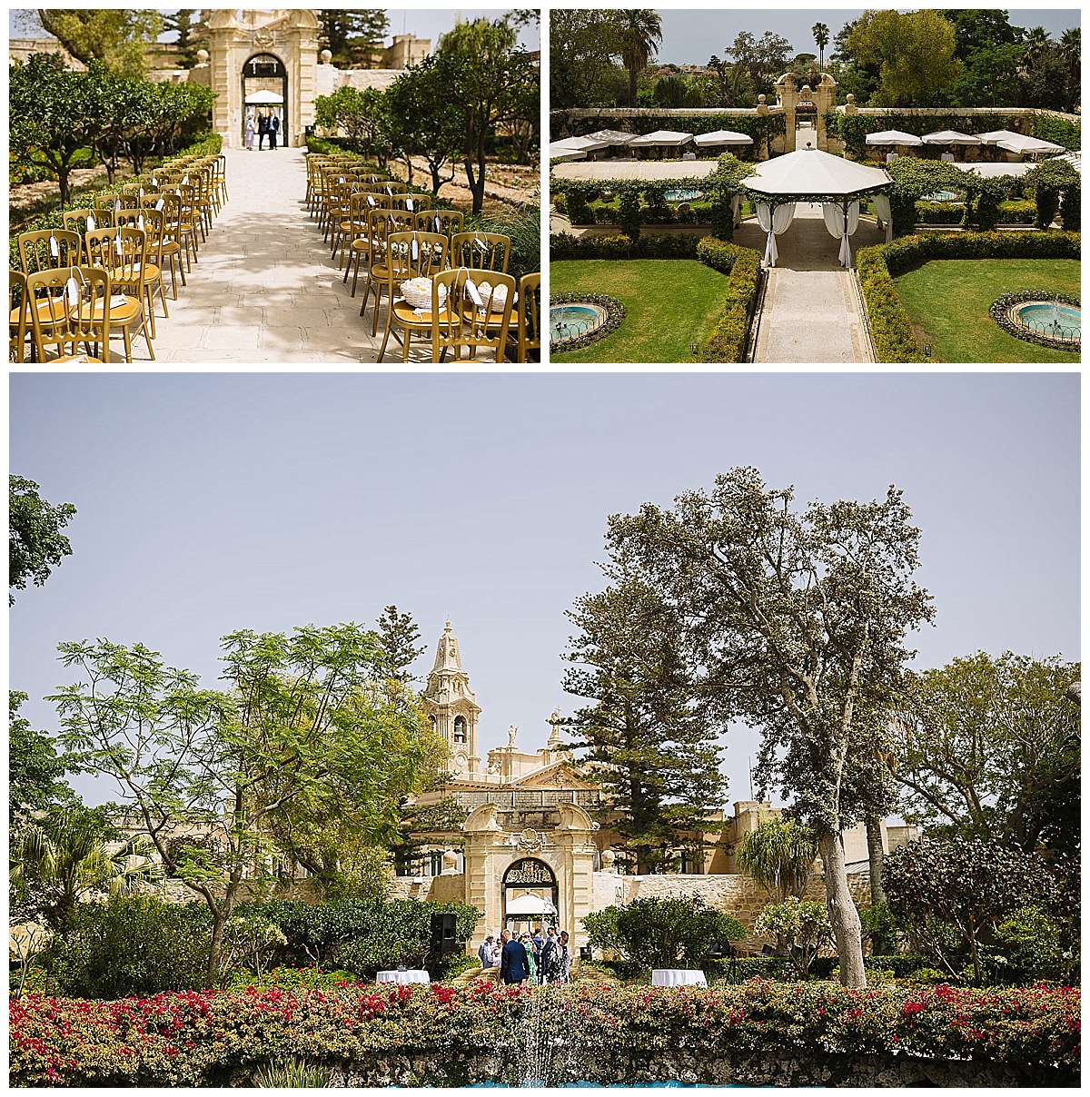 An elegant outdoor wedding setting featuring rows of golden chairs leading to a beautiful entrance, surrounded by lush greenery and vibrant flowers.