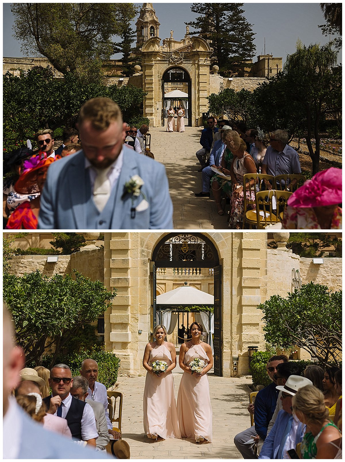 Bridesmaids walking down the aisle towards the altar, with guests seated in a picturesque outdoor location.