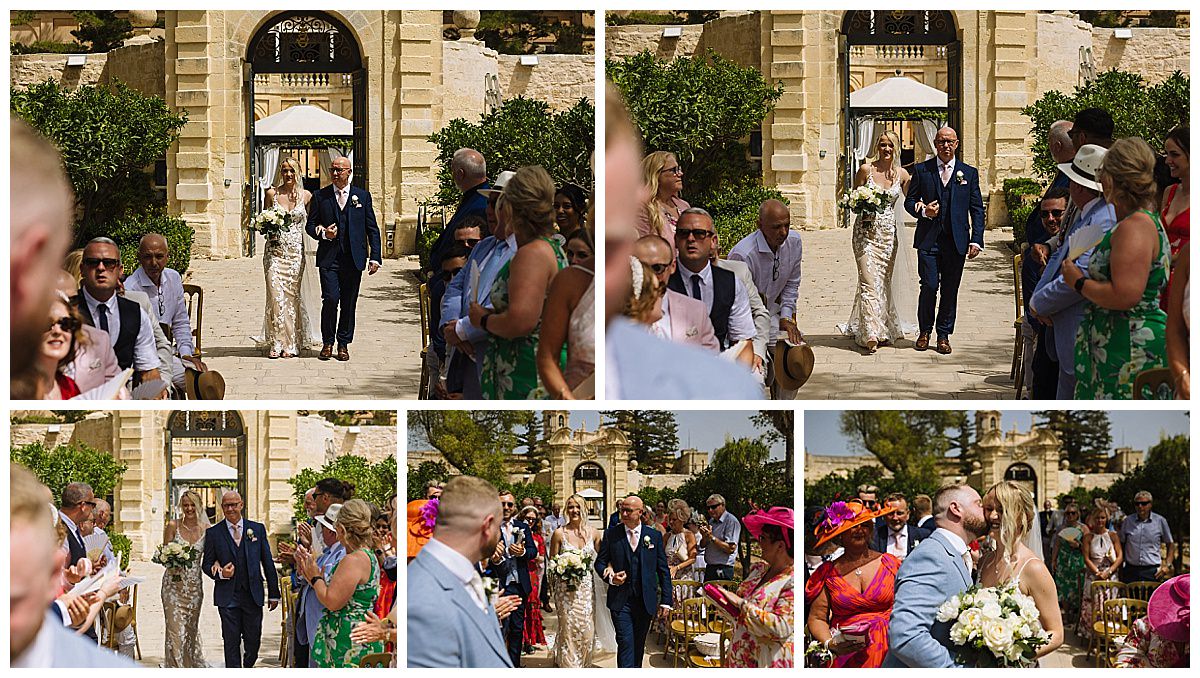 A joyful bride walks down the aisle with her father, surrounded by family and friends celebrating the special occasion.