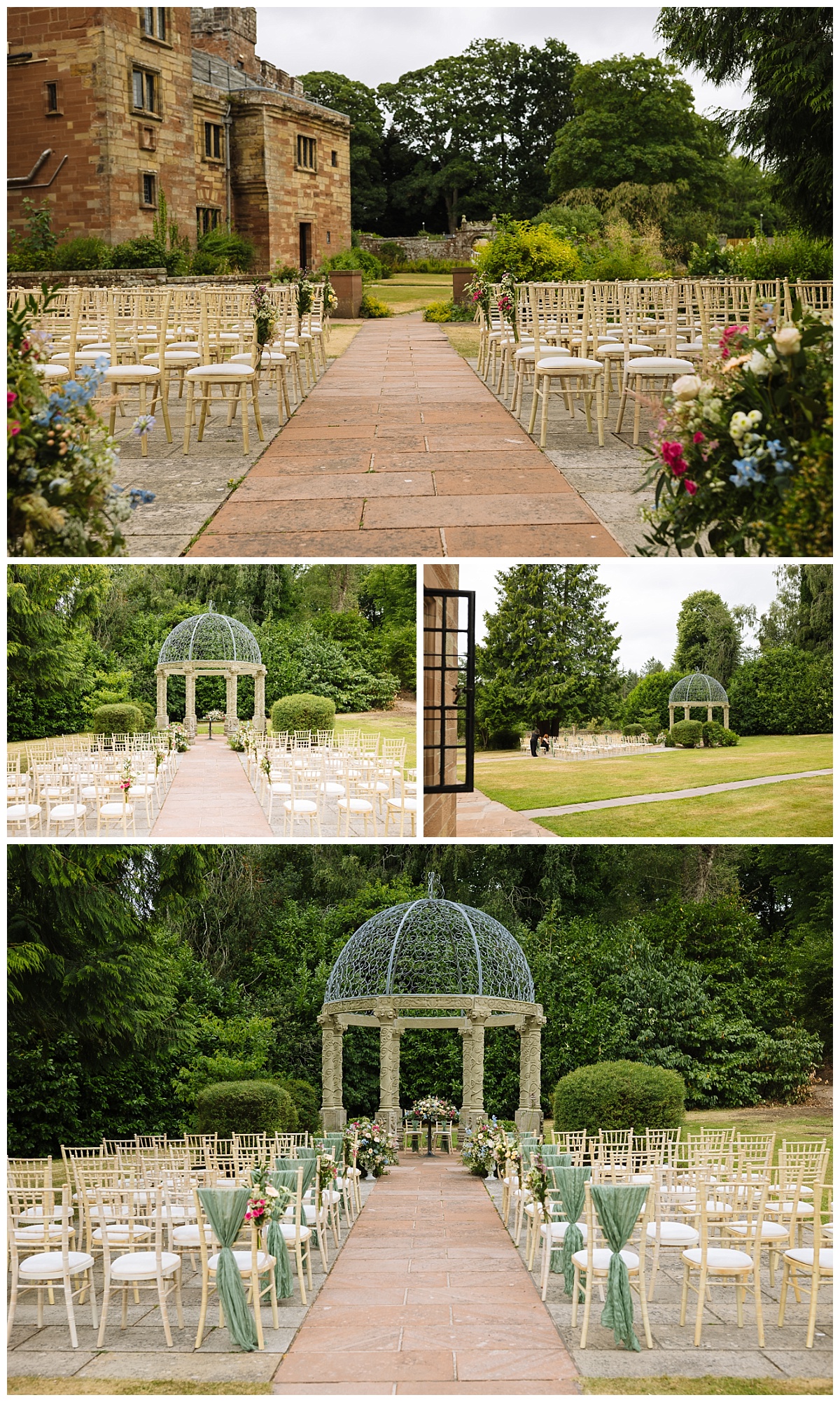Outdoor wedding ceremony setup at Dalston Hall with gazebo and rows of chiavari chairs